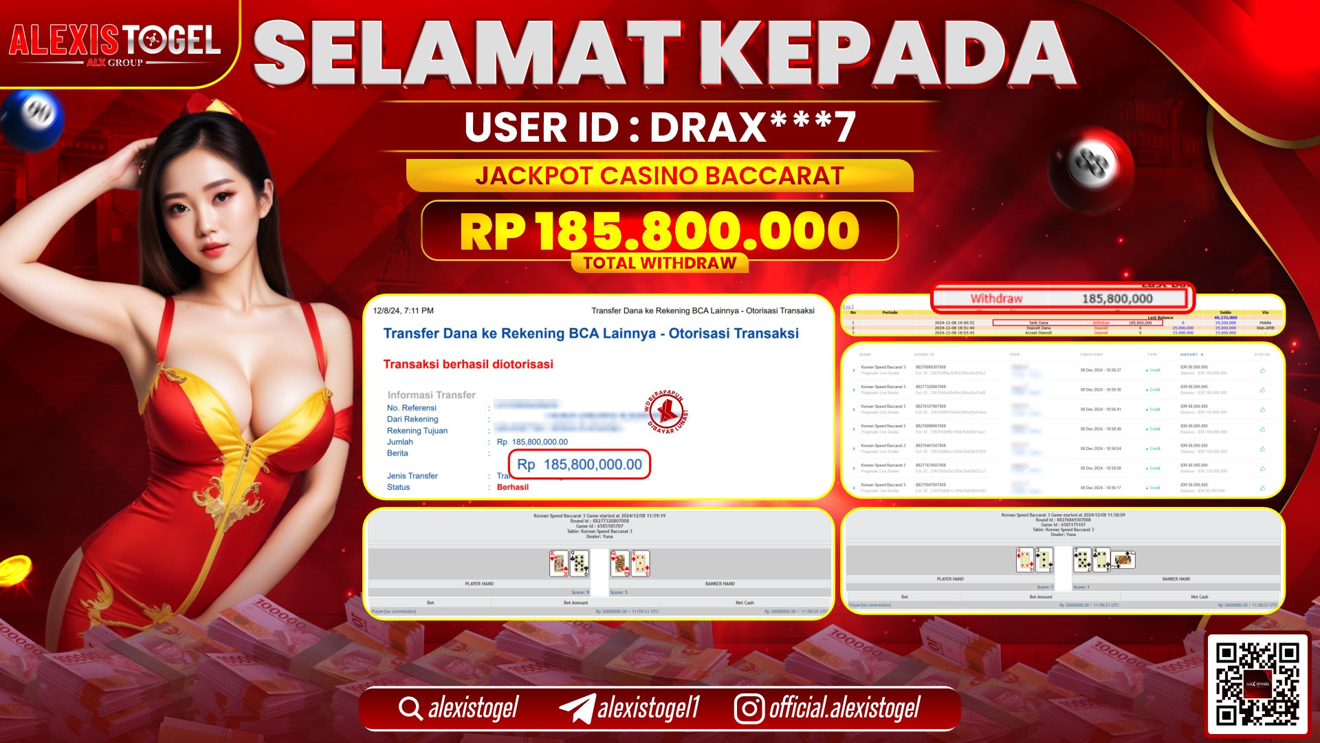 ALEXISTOGEL di CASINO BACCARAT RP.185.800.000 LUNAS