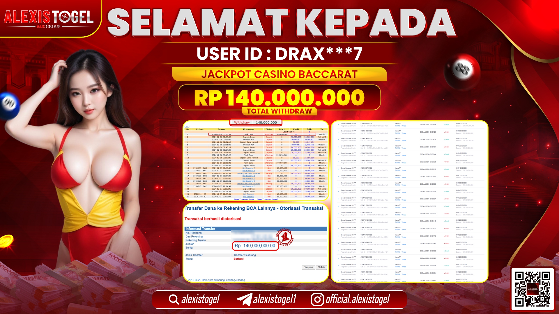 ALEXISTOGEL di CASINO BACCARAT RP.140.000.000 LUNAS