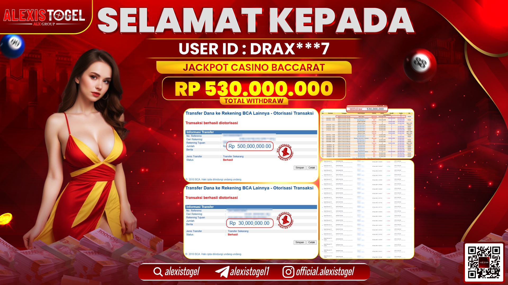 ALEXISTOGEL di CASINO BACCARAT RP.530.000.000 LUNAS