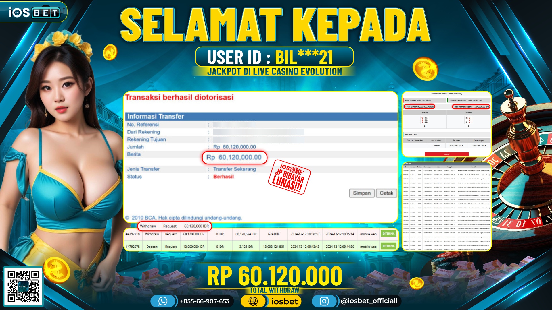 Bukti Pembayaran LUNAS  LIVE CASINO Rp.60.120.000