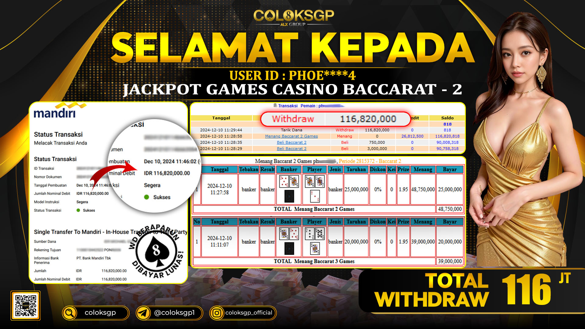 COLOKSGP JACKPOT BACCARAT RP 116.820.000 LUNAS