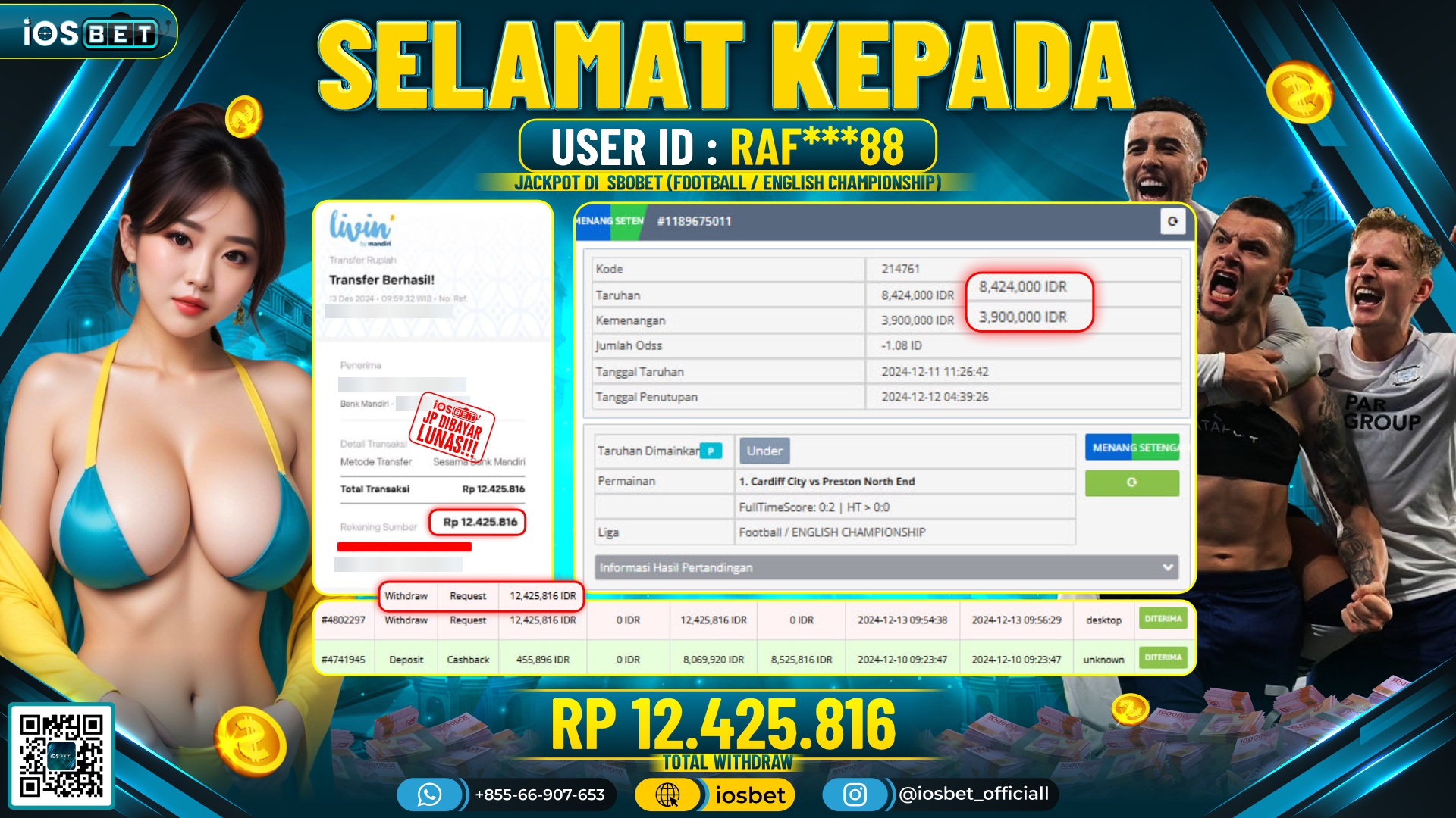 Bukti Pembayaran LUNAS SPORT SBOBET  Rp.12.425.816