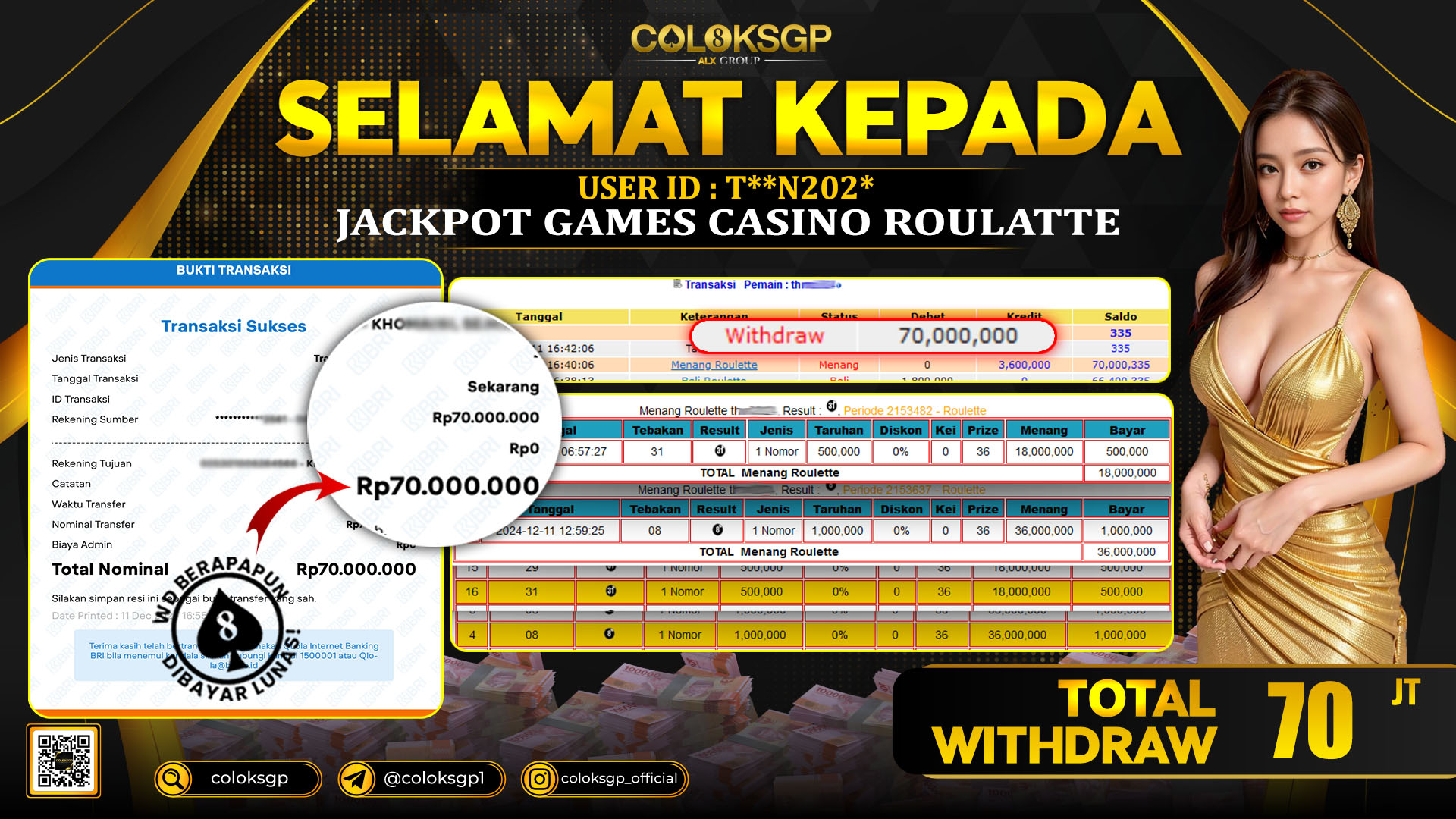 COLOKSGP JACKPOT ROULETTE RP 70.000.000 LUNAS