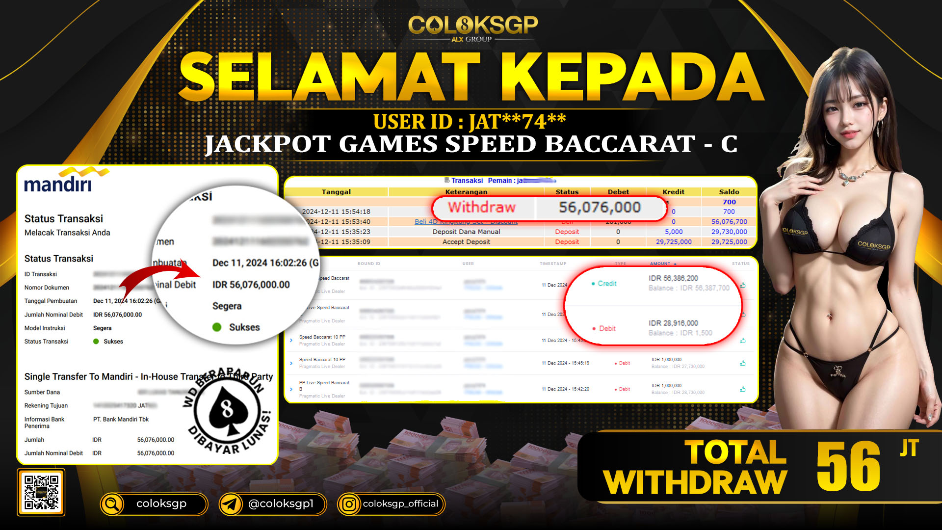 COLOKSGP JACKPOT BACCARAT RP 56.076.000 LUNAS