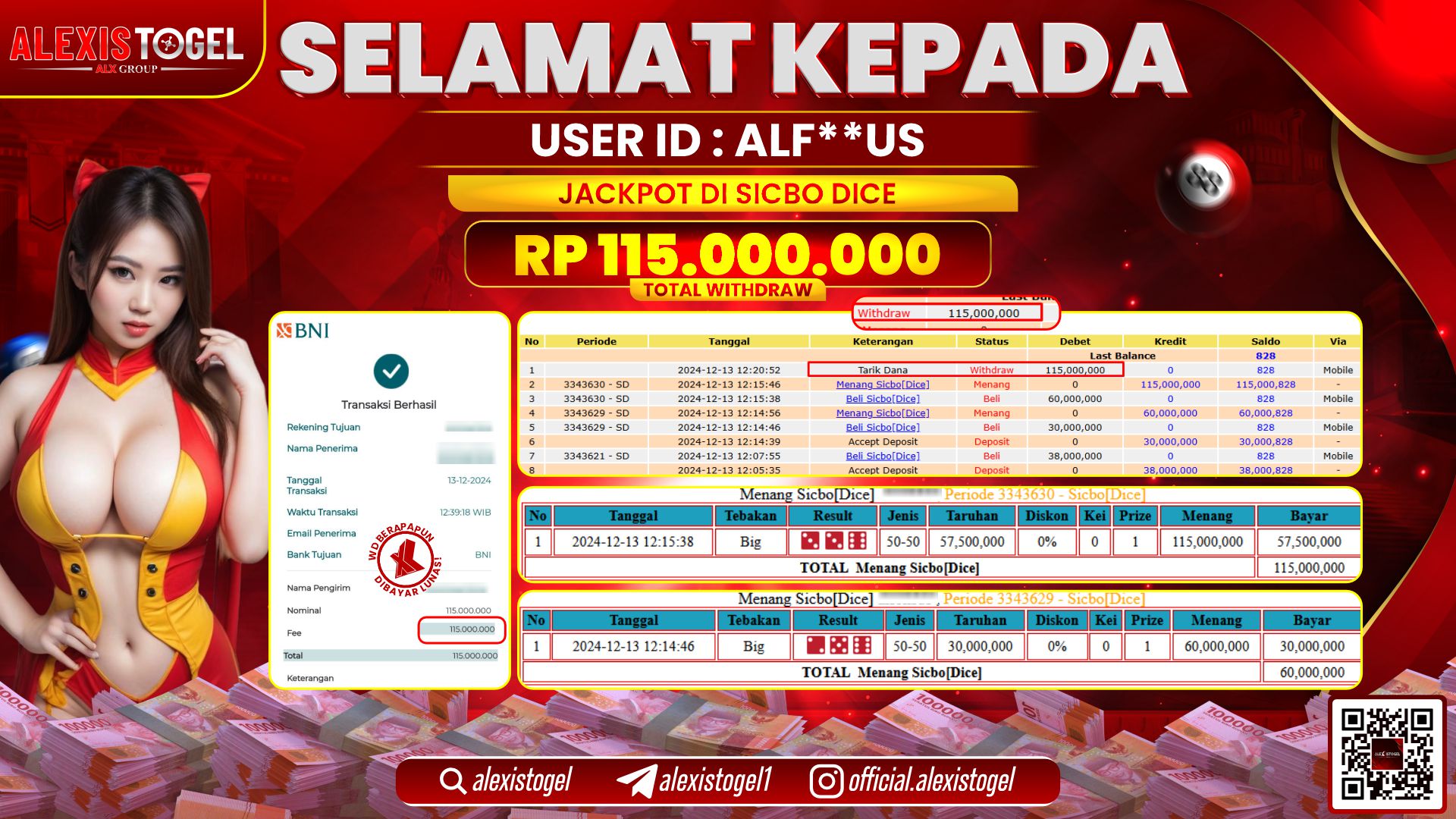 ALEXISTOGEL di CASINO SICBO DICE RP.115.000.000 LUNAS