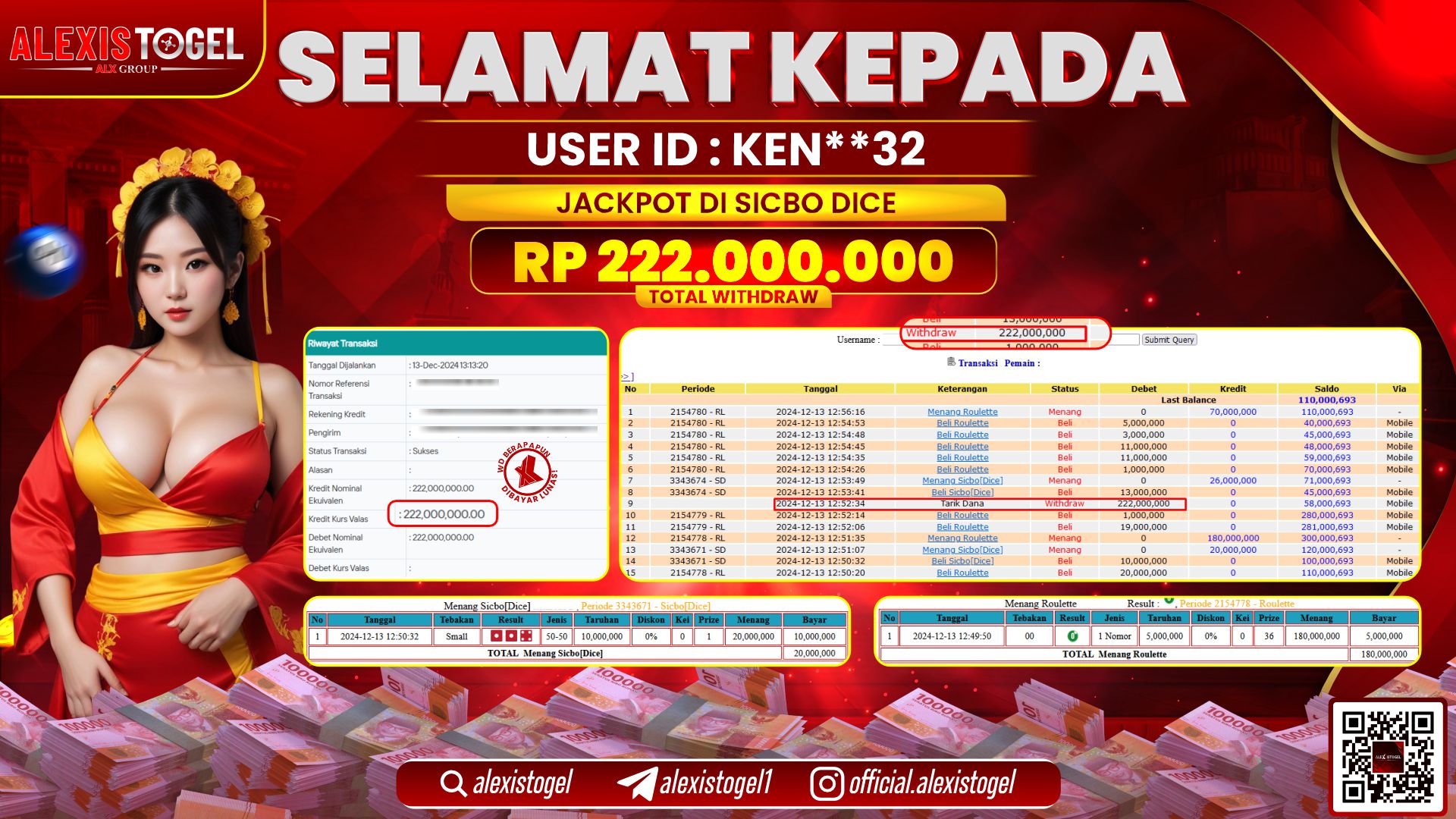 ALEXISTOGEL di CASINO SICBO DICE RP.222.000.000 LUNAS