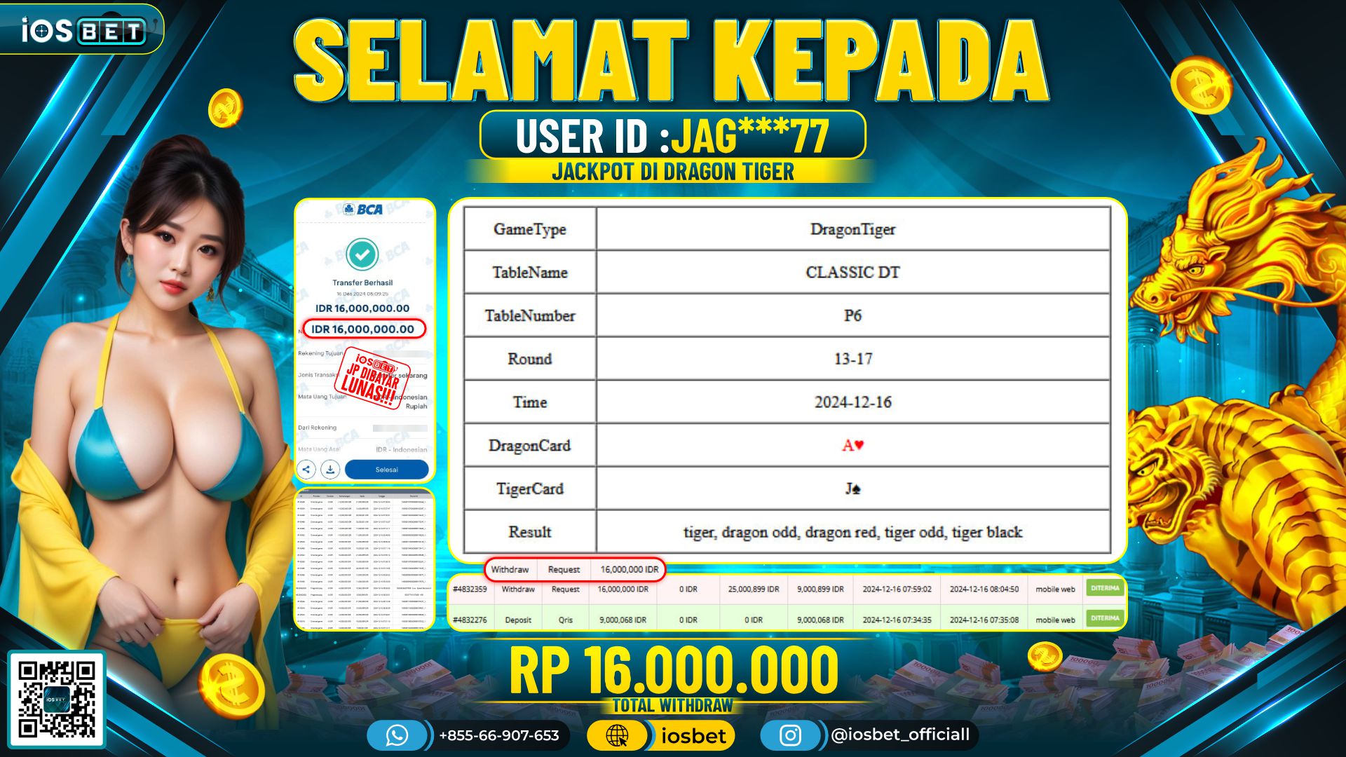 Bukti Pembayaran LUNAS LIVE CASINO  Rp.16.000.000
