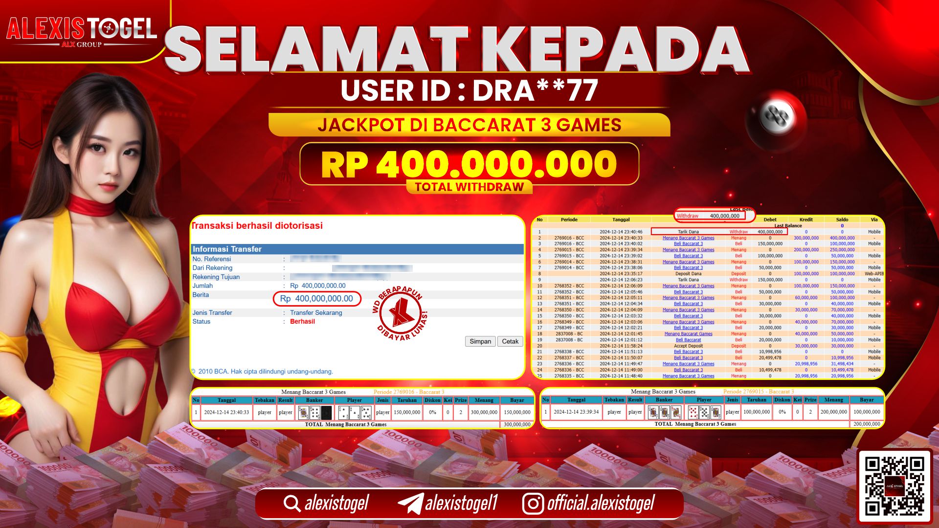 ALEXISTOGEL di CASINO BACCARAT 3 GAMES RP.400.000.000 LUNAS