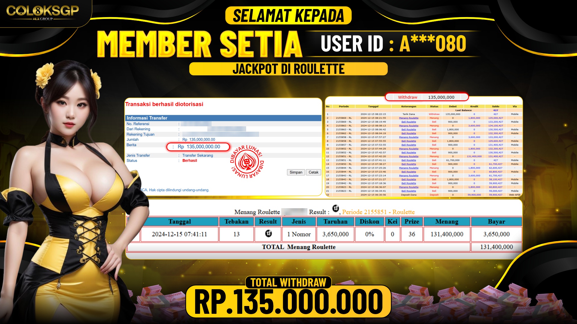 COLOKSGP JACKPOT ROULETTE RP 135.000.000 LUNAS