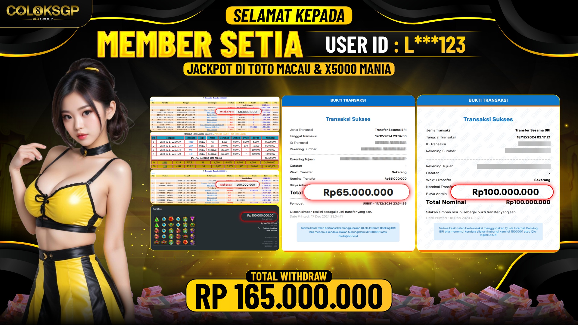 COLOKSGP JACKPOT SLOT GAMES RP 165.000.000 LUNAS