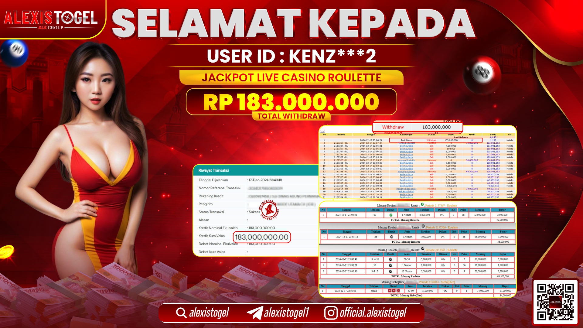 ALEXISTOGEL di CASINO ROULETTE RP.183.000.000 LUNAS