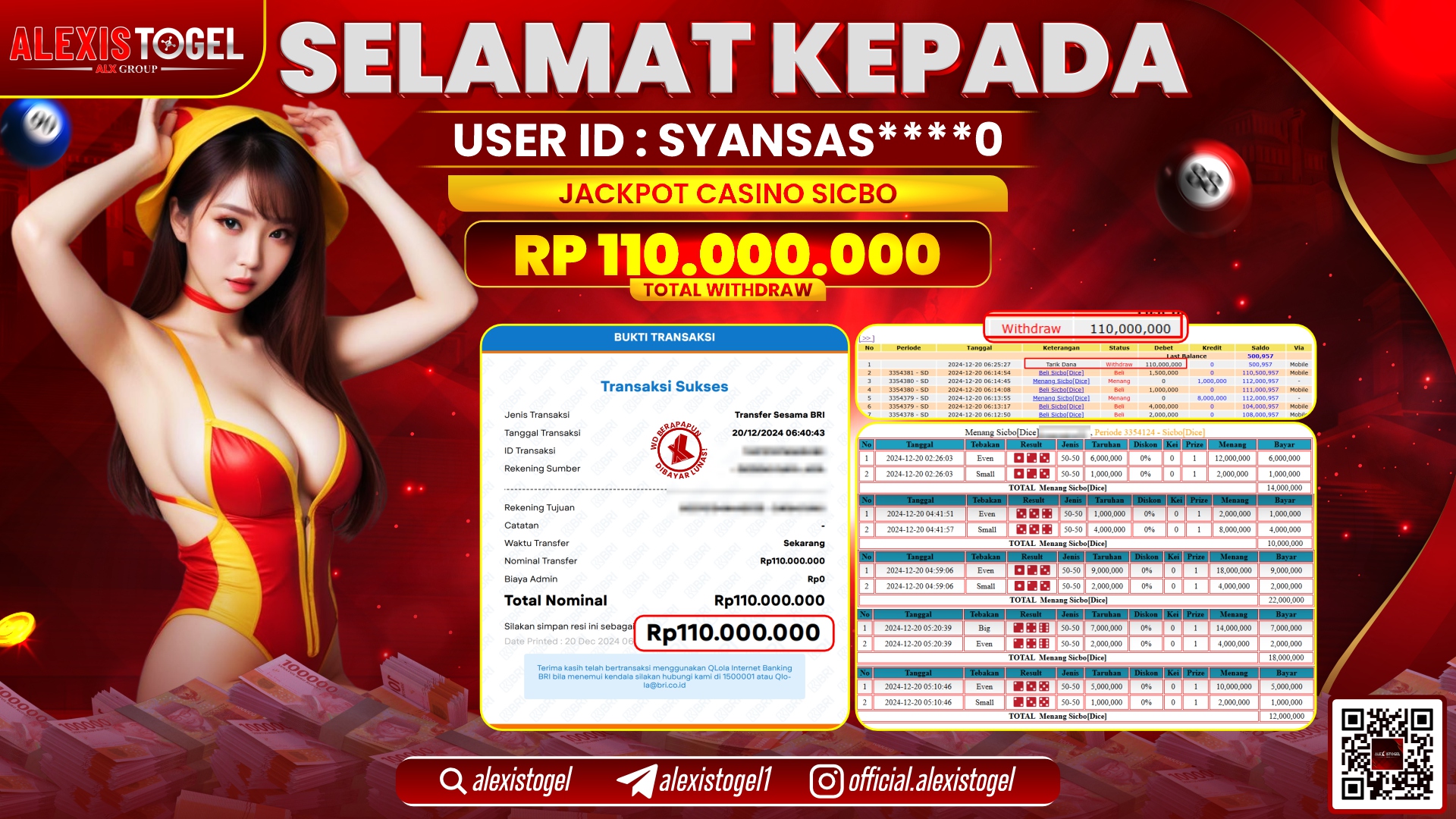 ALEXISTOGEL di CASINO SICBO DICE RP.110.000.000 LUNAS