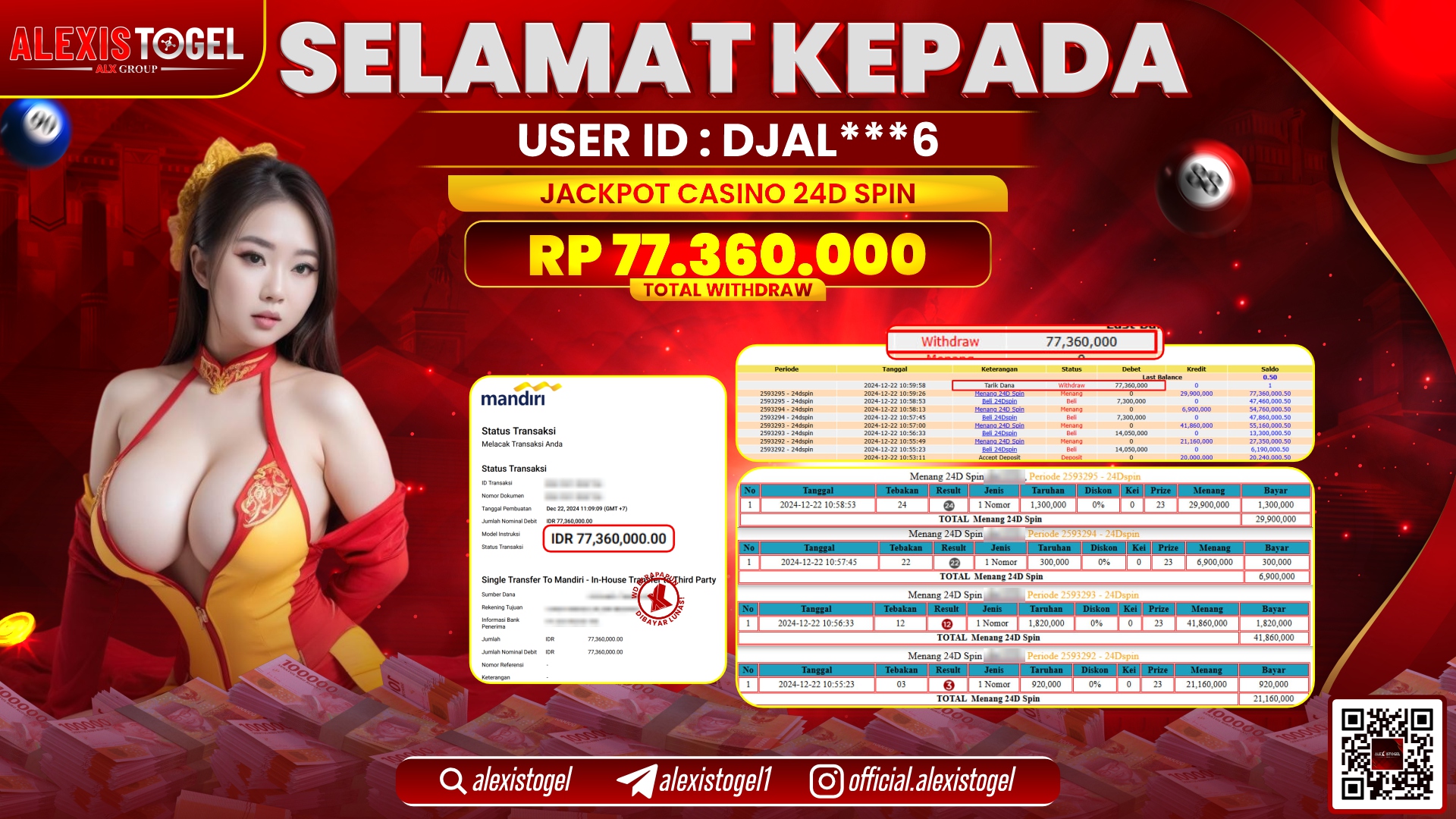 ALEXISTOGEL di CASINO 24D SPIN RP.77.360.000 LUNAS