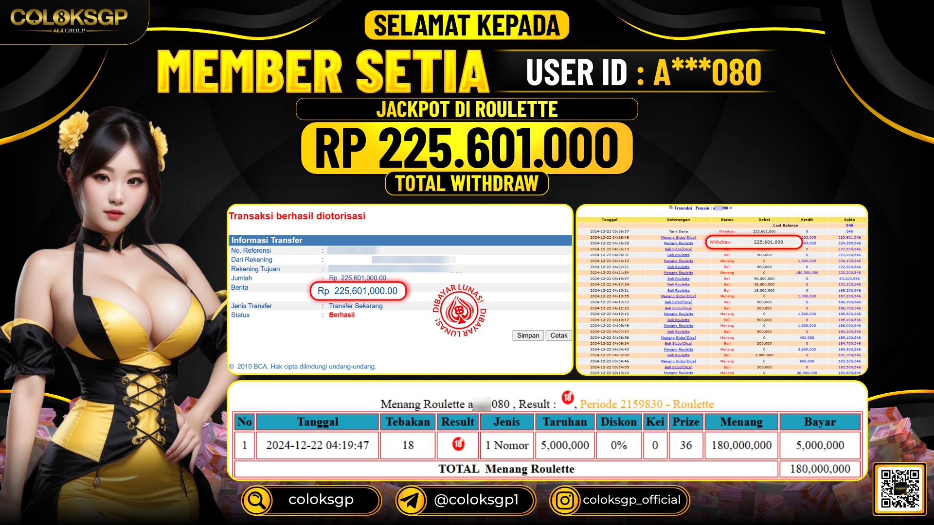 COLOKSGP JACKPOT ROULETTE RP 225.601.000 LUNAS