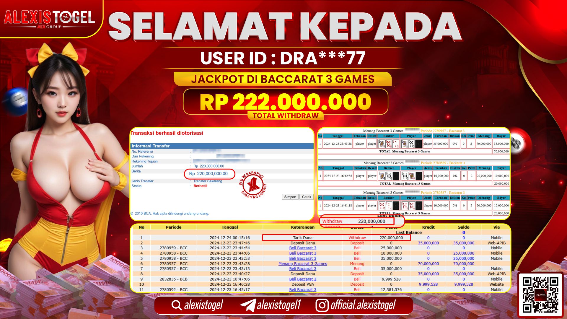 ALEXISTOGEL di CASINO BACCARAT 3 RP.222.000.000 LUNAS