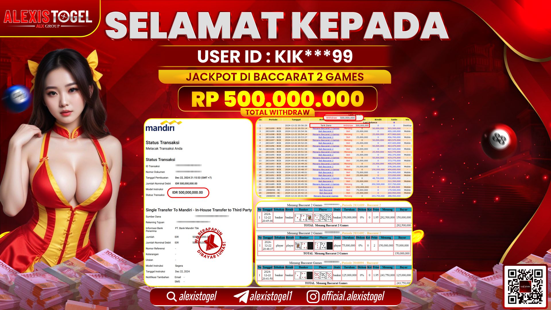 ALEXISTOGEL di CASINO BACCARAT 3 RP.500.000.000 LUNAS