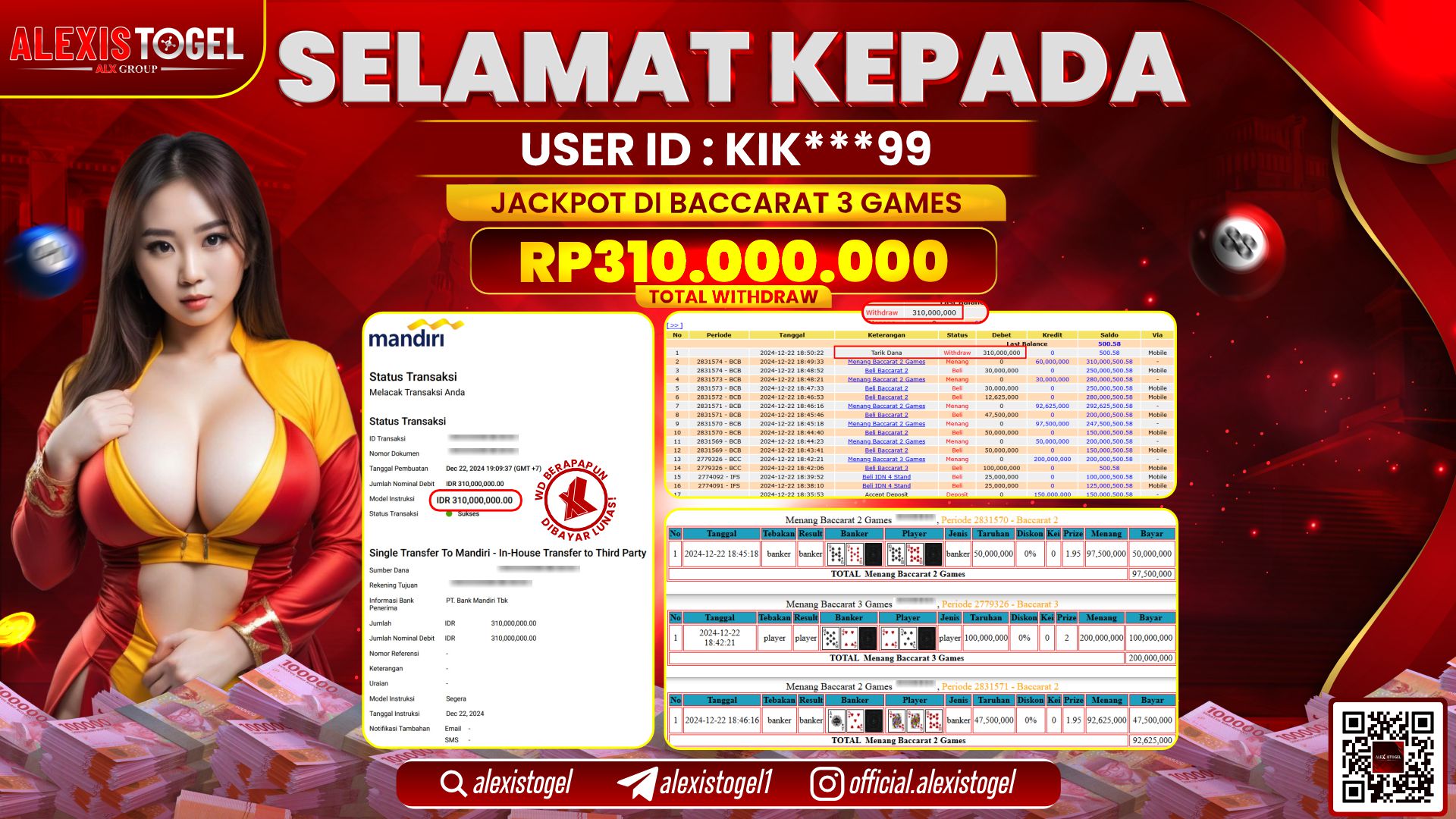 ALEXISTOGEL di CASINO BACCARAT 3 RP.310.000.000 LUNAS