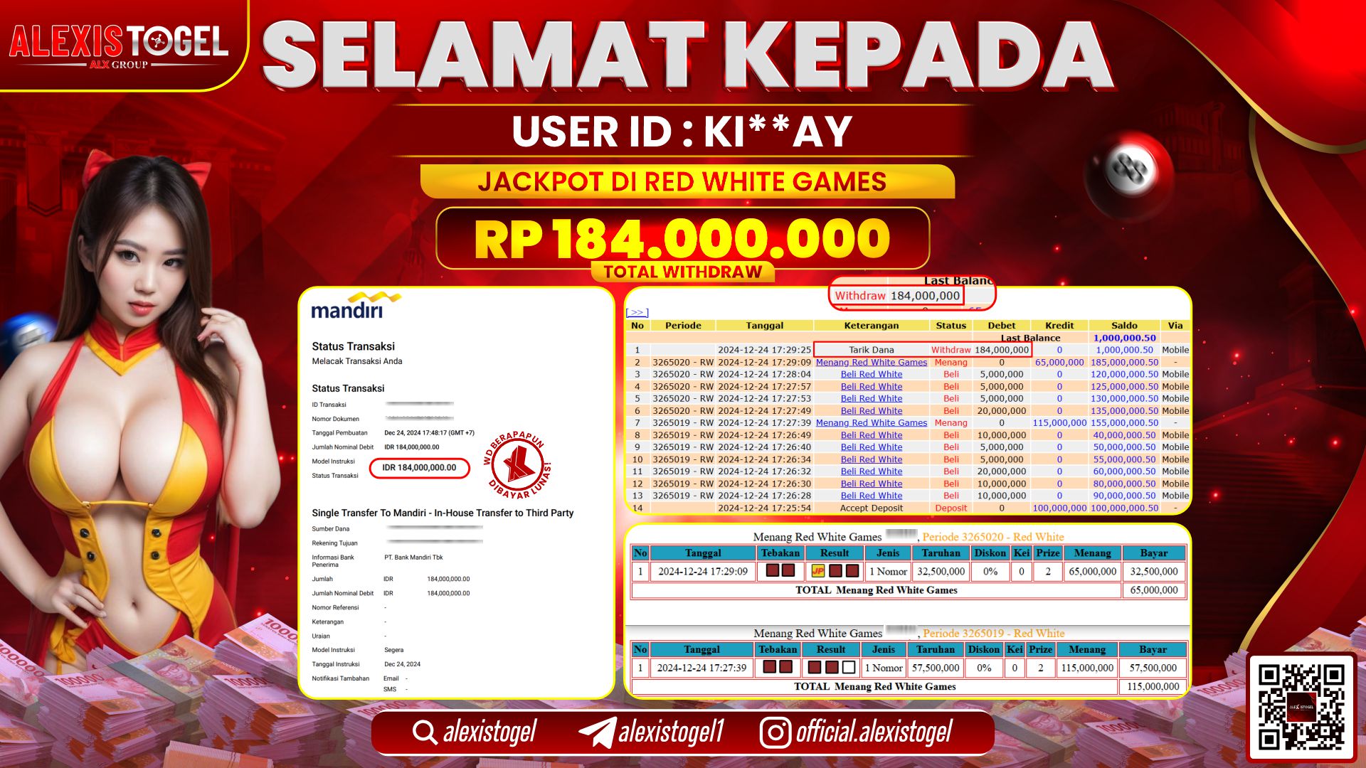 ALEXISTOGEL di LIVE CASINO RED WHITE RP.184.000.000 LUNAS