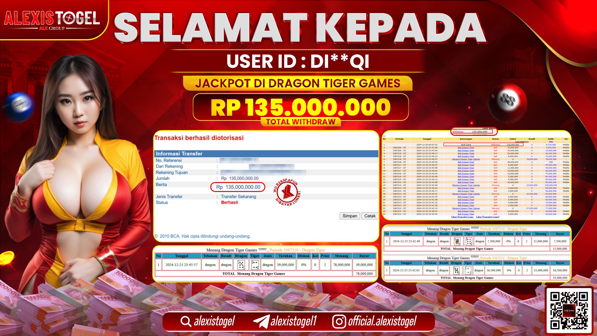 ALEXISTOGEL di CASINO DRAGON TIGER RP.135.000.000 LUNAS