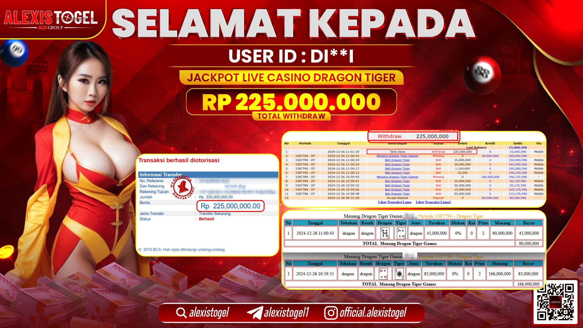 ALEXISTOGEL di LIVE CASINO DRAGON TIGER RP.225.000.000 LUNAS