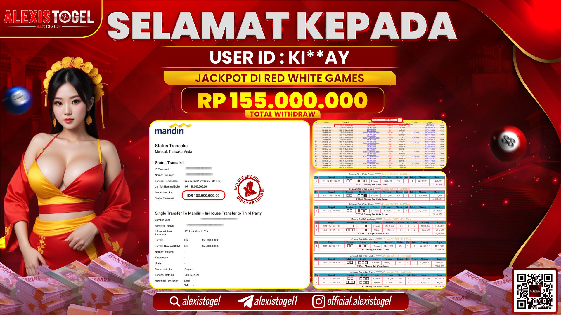 ALEXISTOGEL di CASINO RED WHITE GAMES RP.155.000.000 LUNAS