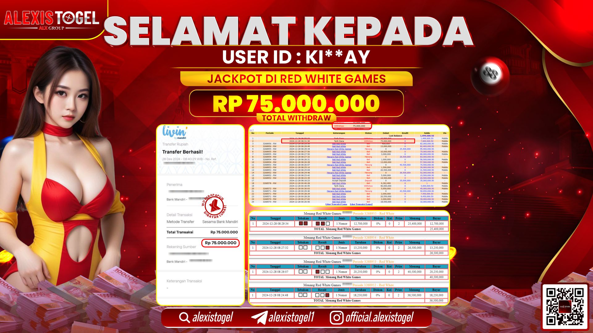 ALEXISTOGEL di CASINO RED WHITE RP.75.000.000 LUNAS