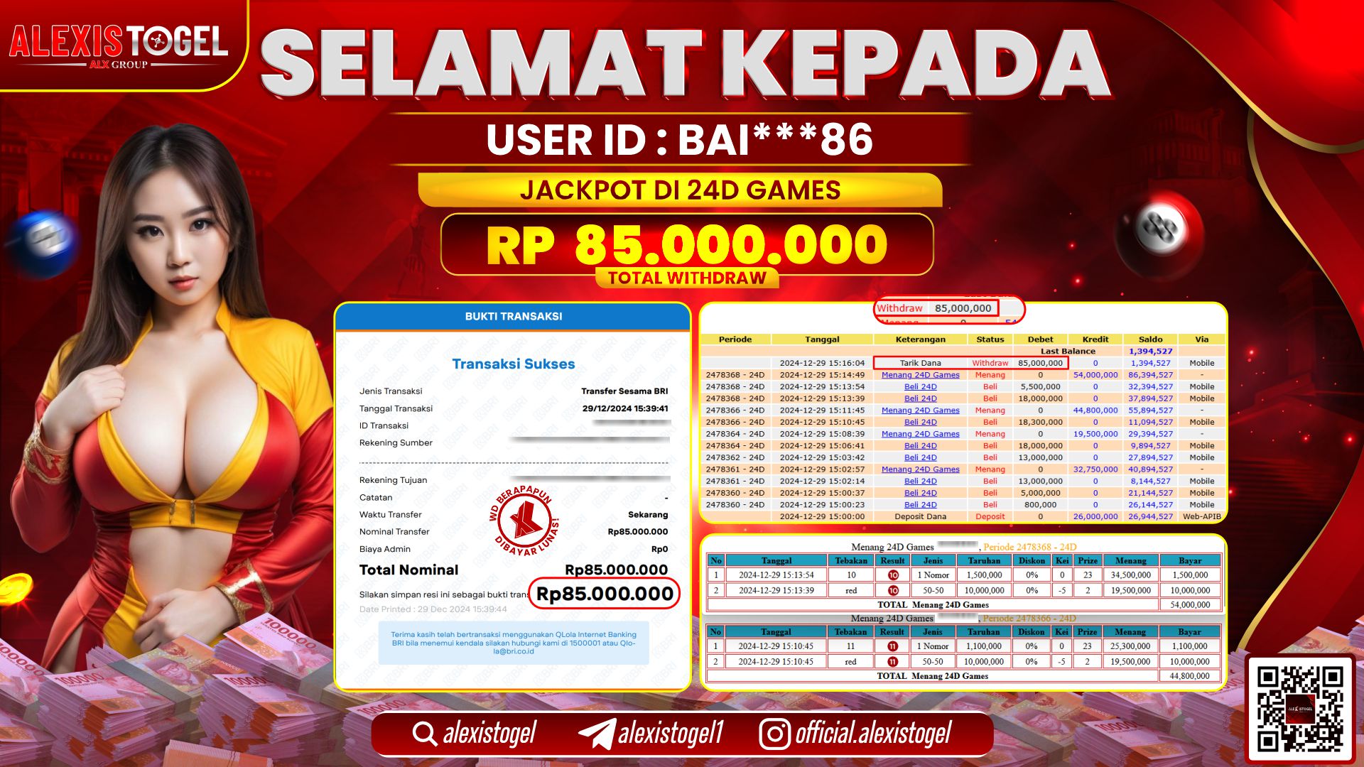 ALEXISTOGEL di CASINO 24D RP.85.000.000 LUNAS