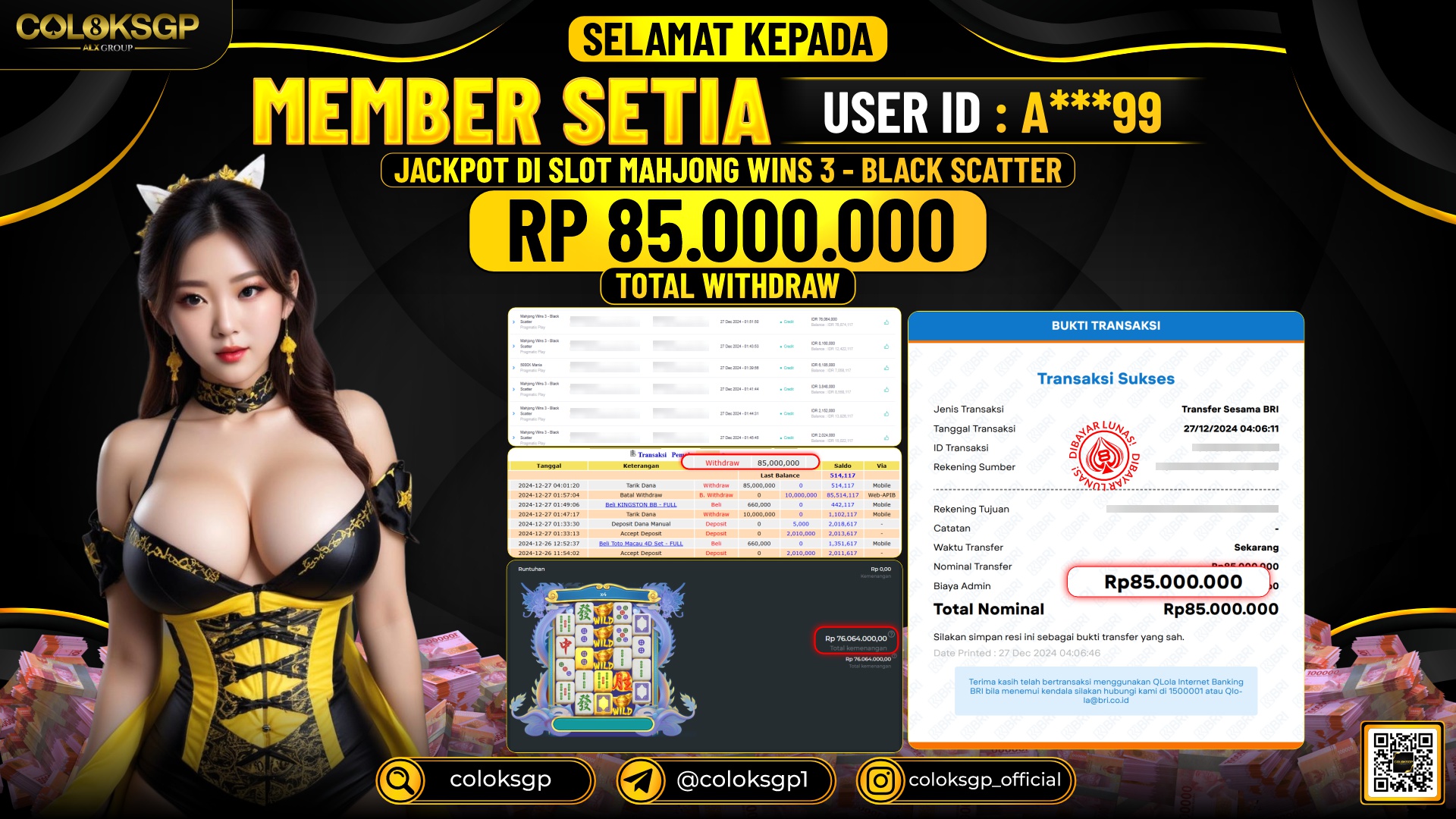 COLOKSGP JACKPOT SLOT GAMES RP 85.000.000 LUNAS