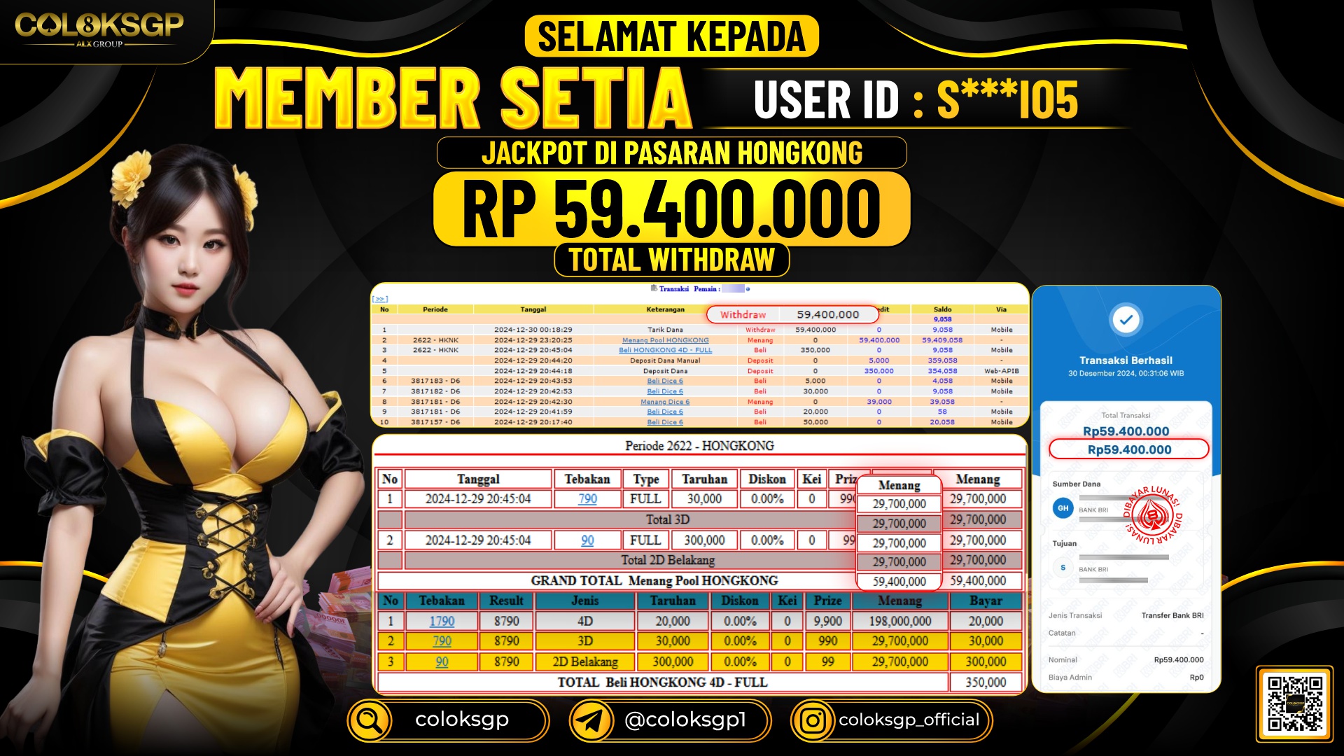 COLOKSGP JACKPOT HONGKONG POOLS RP 59.400.000 LUNAS