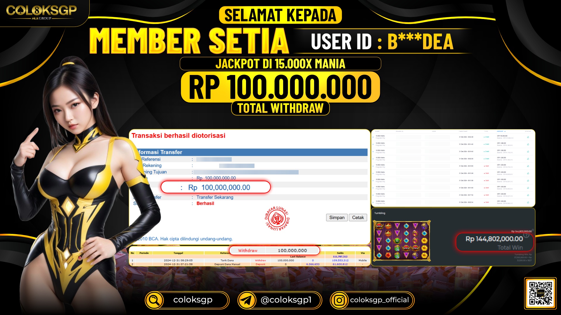 COLOKSGP JACKPOT SLOT GAMES RP 100.000.000 LUNAS
