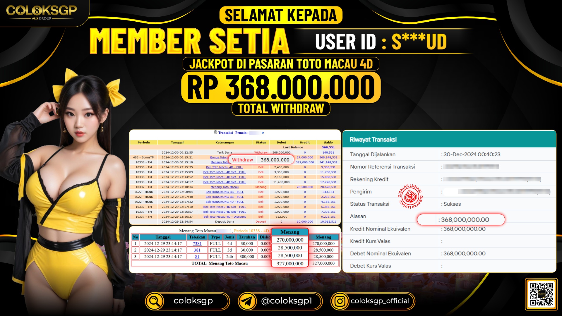 COLOKSGP JACKPOT TOTO MACAU POOLS RP 368.000.000 LUNAS
