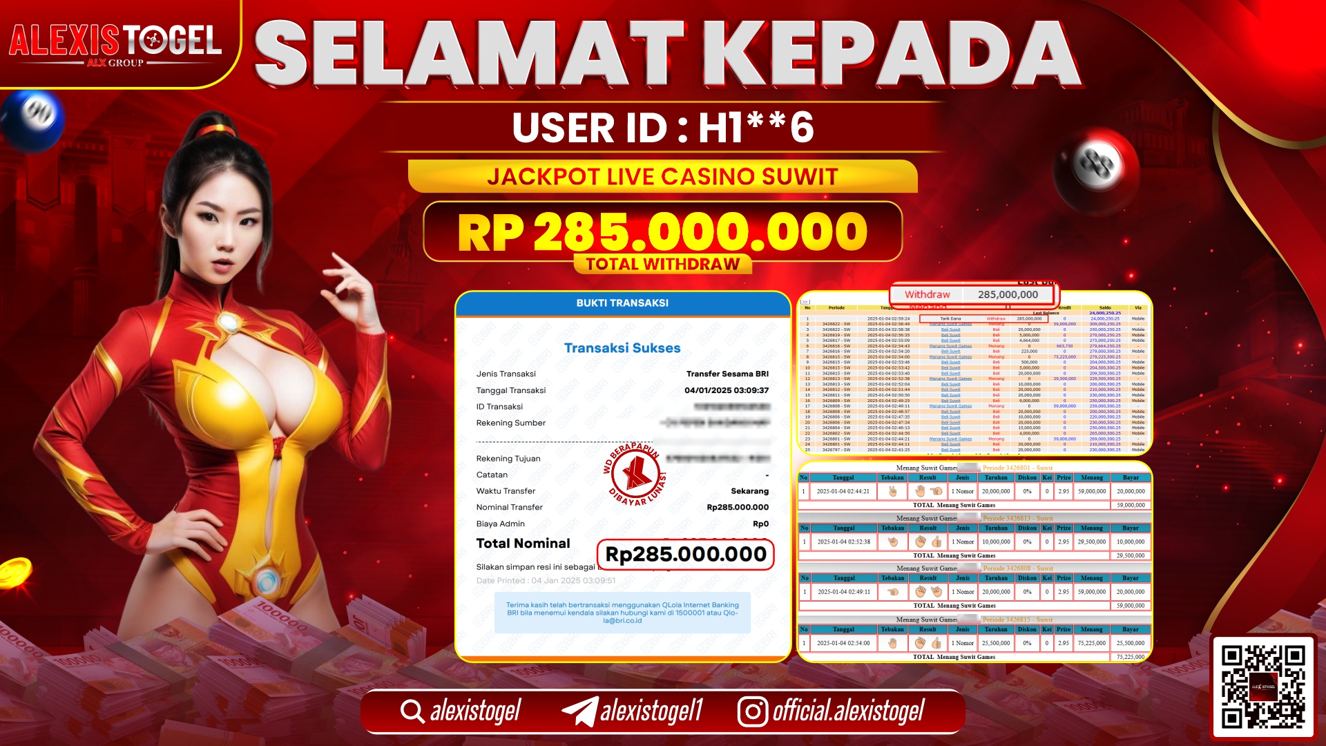ALEXISTOGEL di CASINO SUWIT GAMES RP.285.000.000 LUNAS