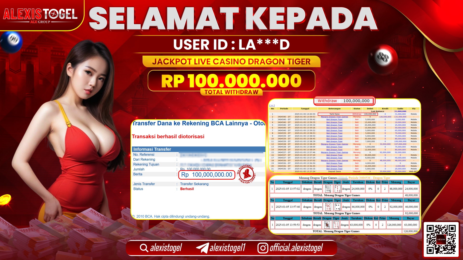 ALEXISTOGEL di LIVE CASINO DRAGON TIGER RP.100.000.000 LUNAS