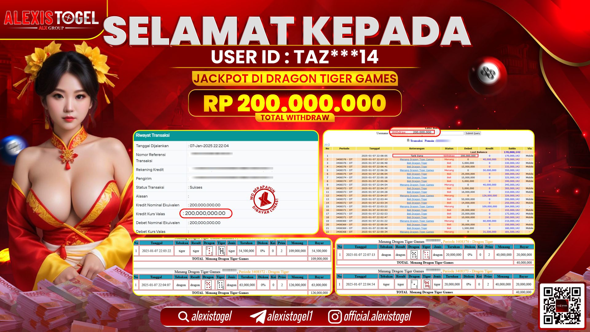 ALEXISTOGEL di CASINO DRAGON TIGER RP.200.000.000 LUNAS