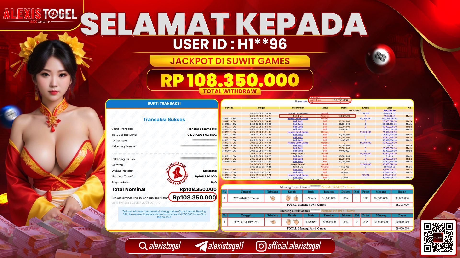 ALEXISTOGEL di CASINO SUWIT GAMES RP.108.350.000 LUNAS