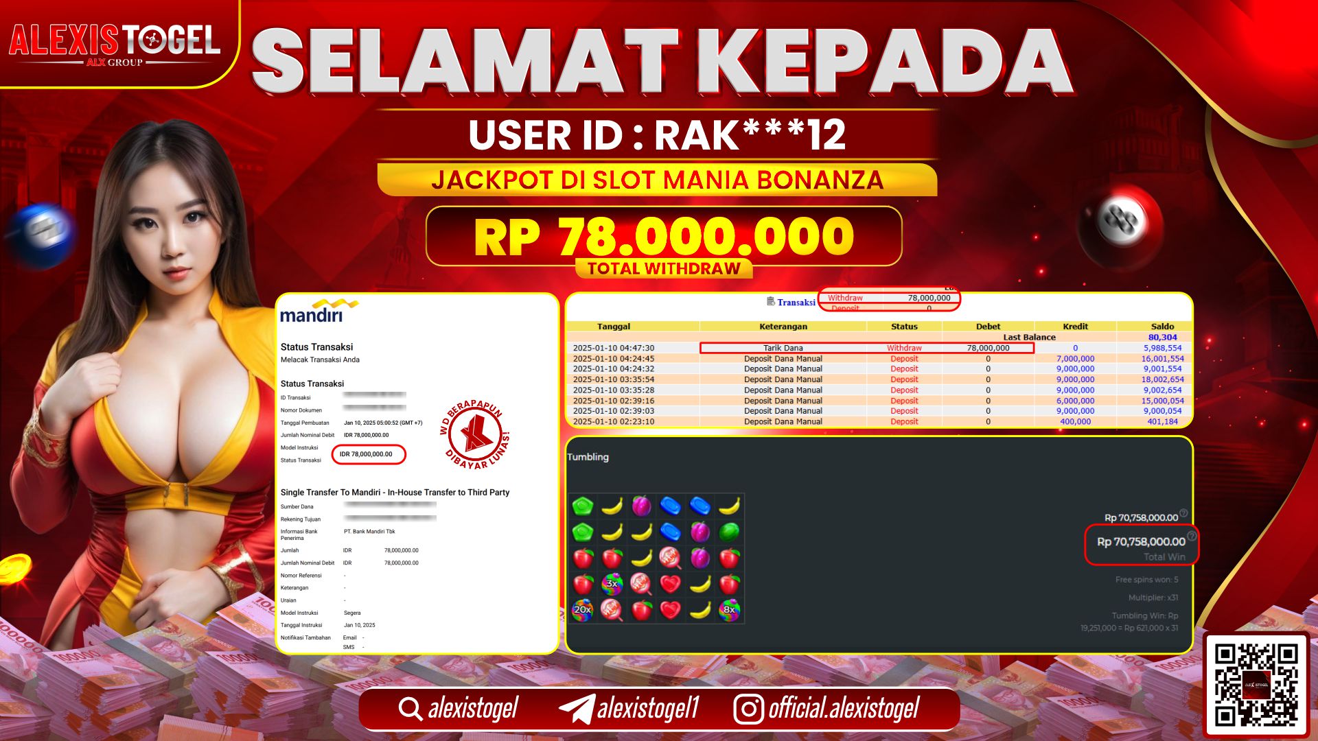 ALEXISTOGEL di SLOT MANIA BONANZA RP.78.000.000 LUNAS