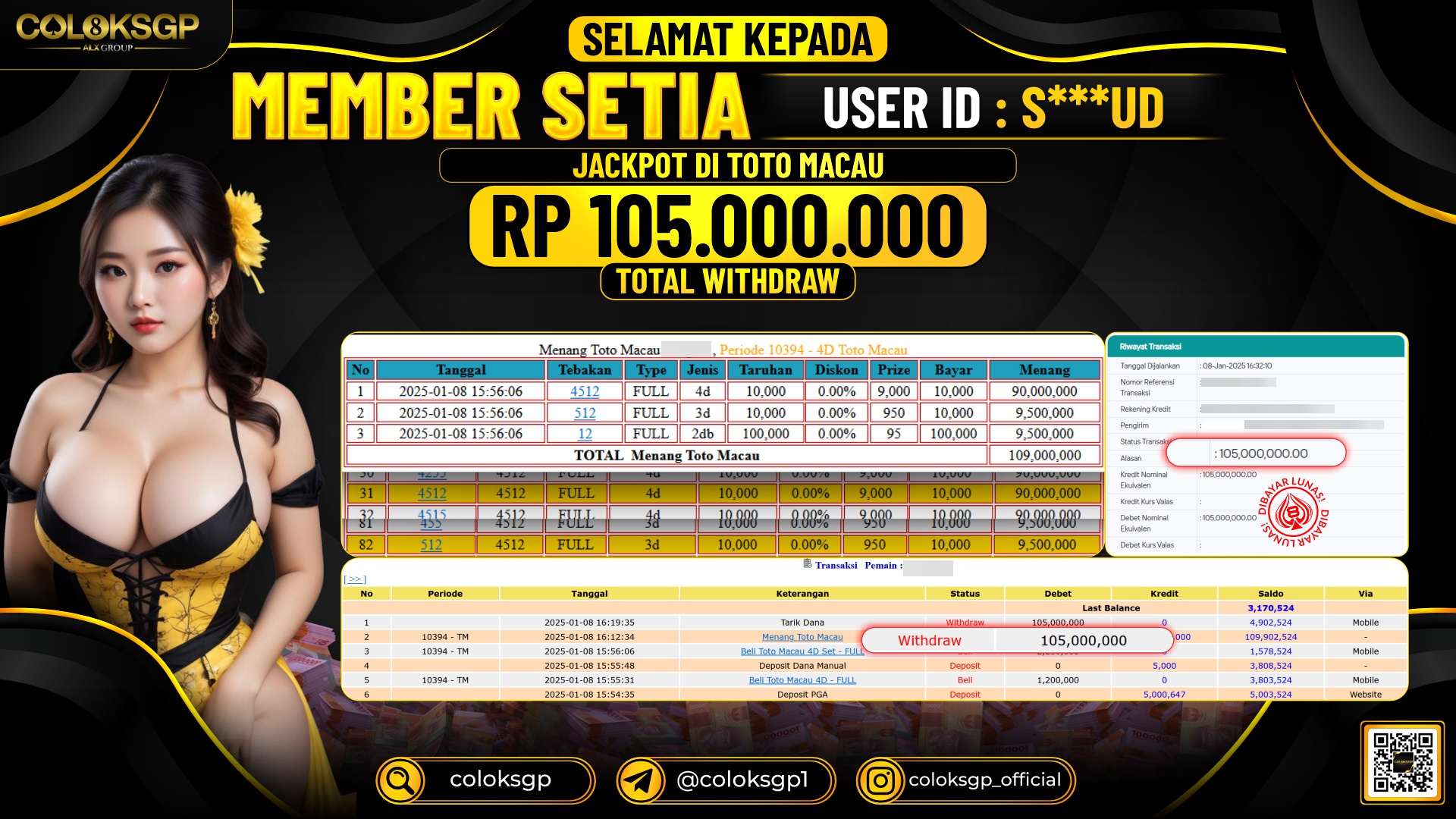 COLOKSGP JACKPOT TOTO MACAU POOLS RP 105.000.000 LUNAS