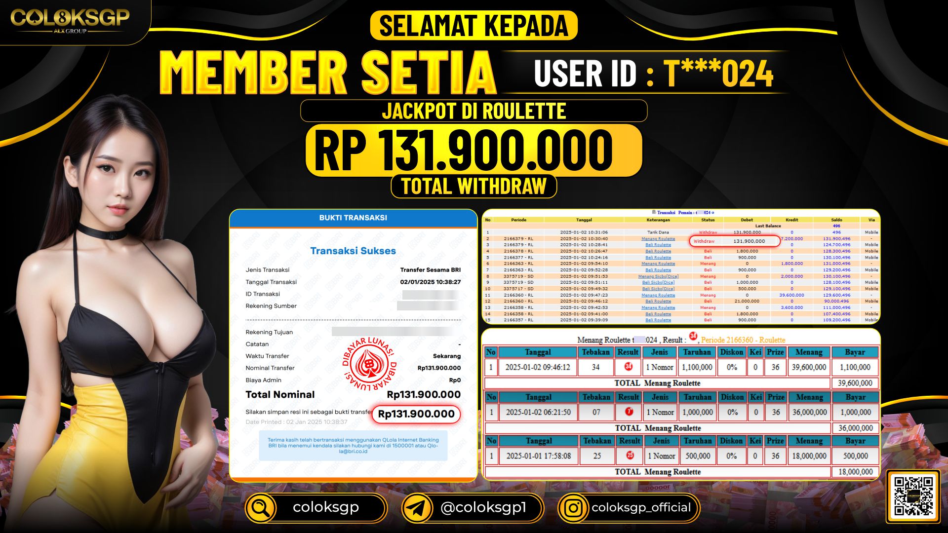 COLOKSGP JACKPOT ROULETTE RP 131.900.000 LUNAS