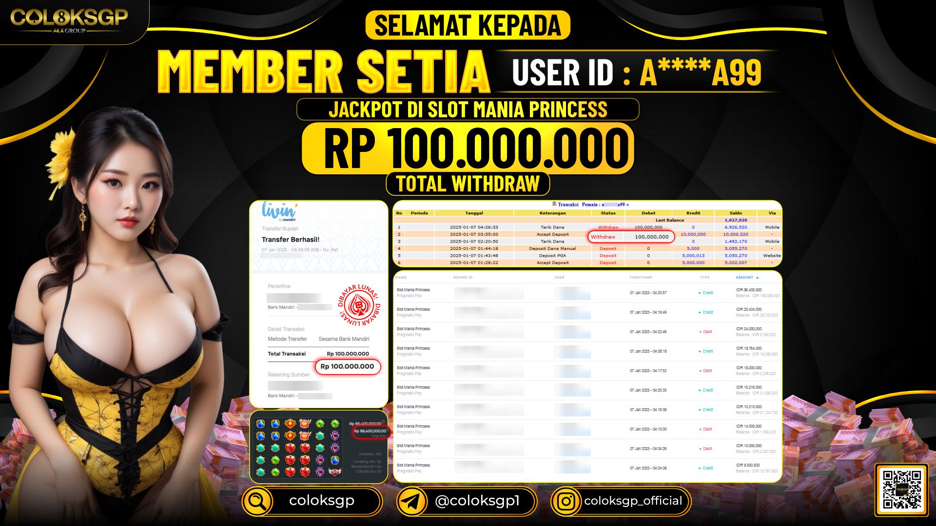 COLOKSGP JACKPOT SLOT GAMES RP 100.000.000 LUNAS