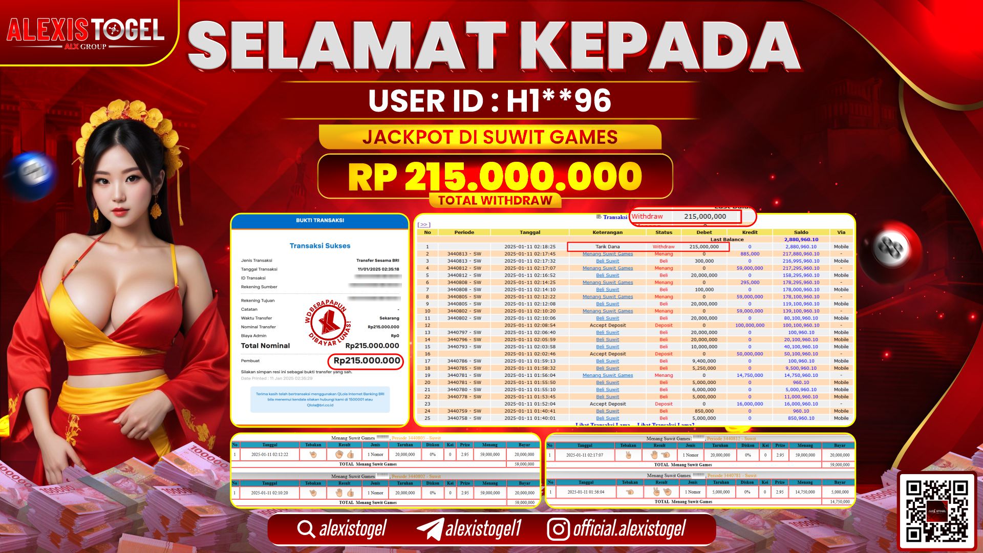 ALEXISTOGEL di CASINO SUWIT GAMES RP.215.000.000 LUNAS