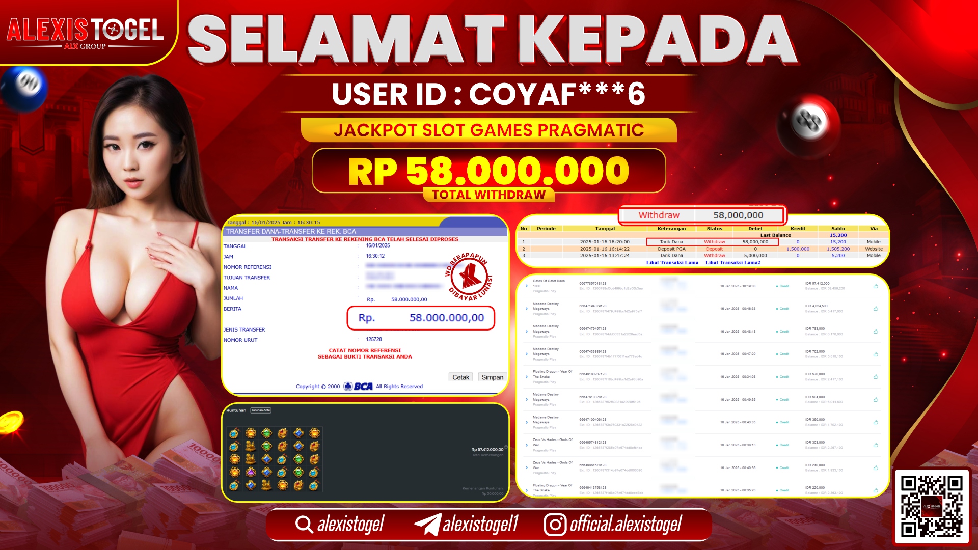 ALEXISTOGEL di SLOT GAMES PRAGMATIC RP.58.000.000 LUNAS