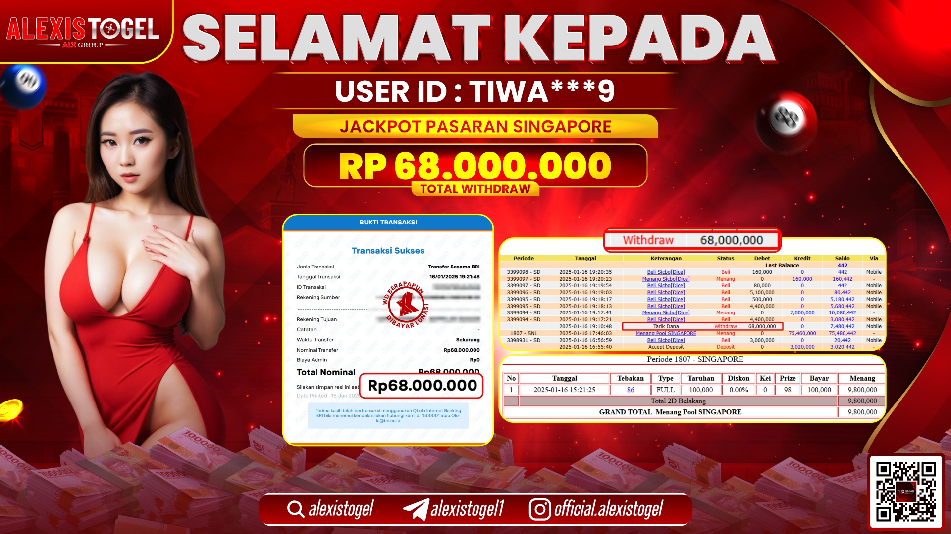 ALEXISTOGEL di TOGEL SINGAPORE POOLS RP.68.000.000 LUNAS