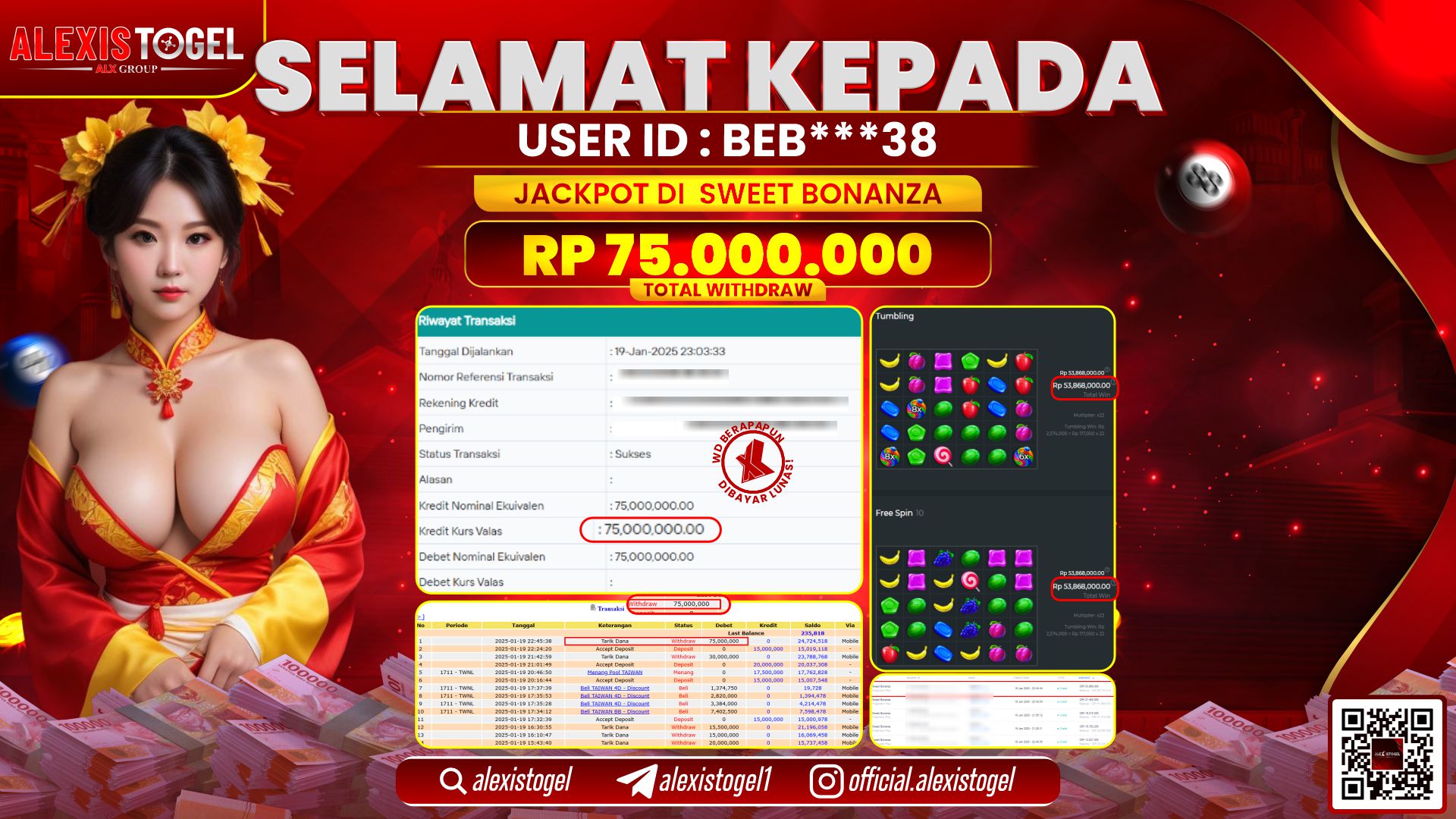 ALEXISTOGEL di SLOT SWEET BONANZA RP.75.000.000 LUNAS