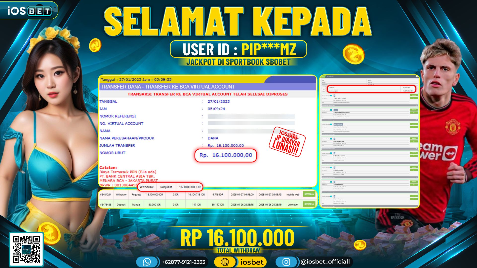Bukti Pembayaran LUNAS SPORT SBOBET  Rp.16.100.000