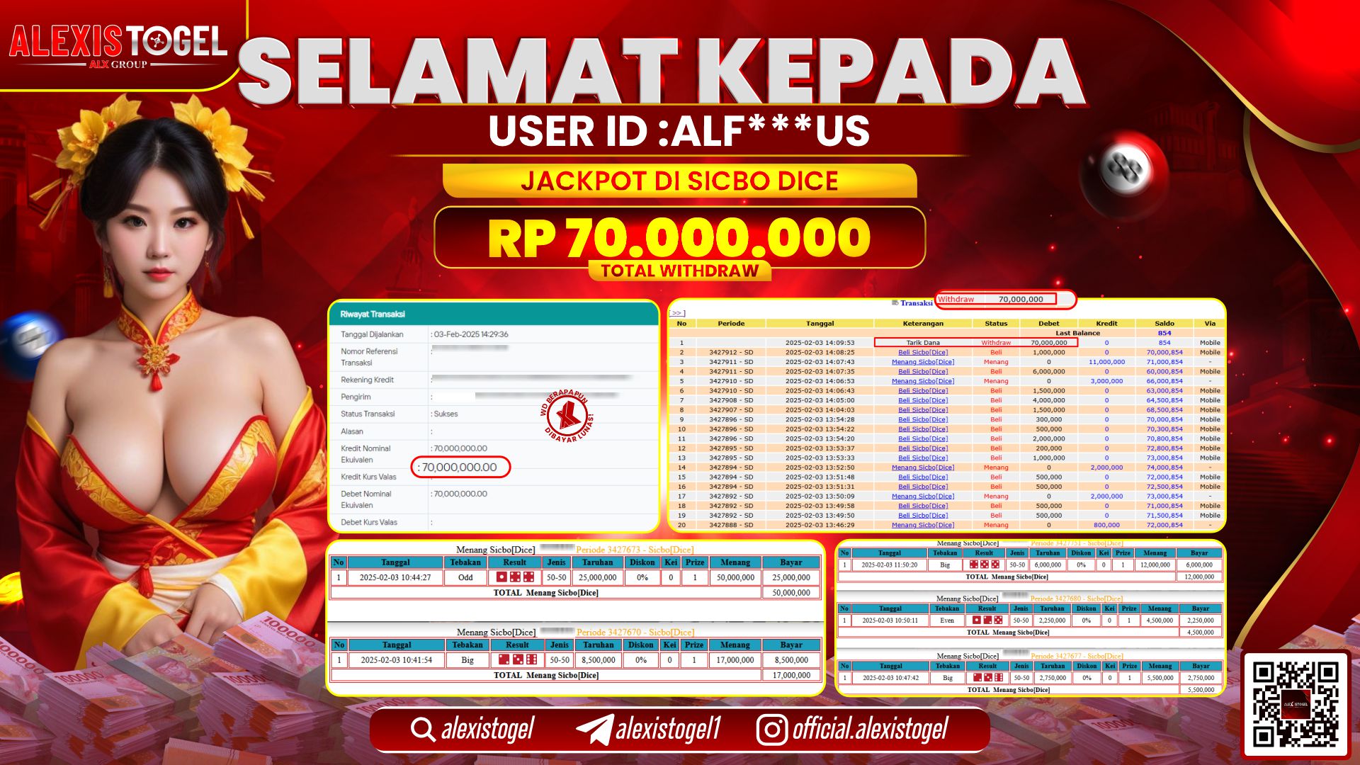 ALEXISTOGEL di CASINO SICBO DICE RP.70.000.000 LUNAS