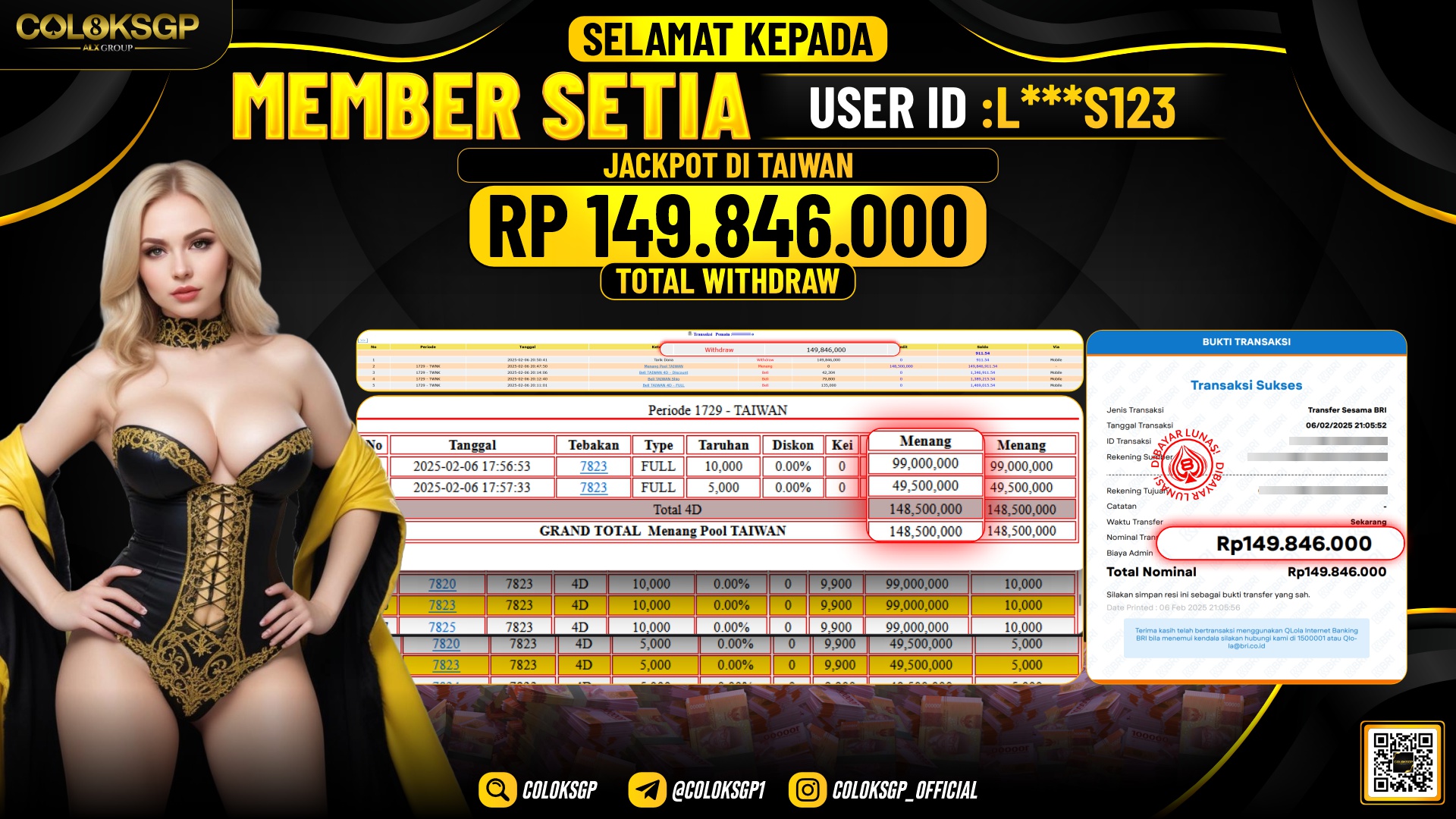 COLOKSGP JACKPOT TAIWAN POOLS RP 149.846.000 LUNAS