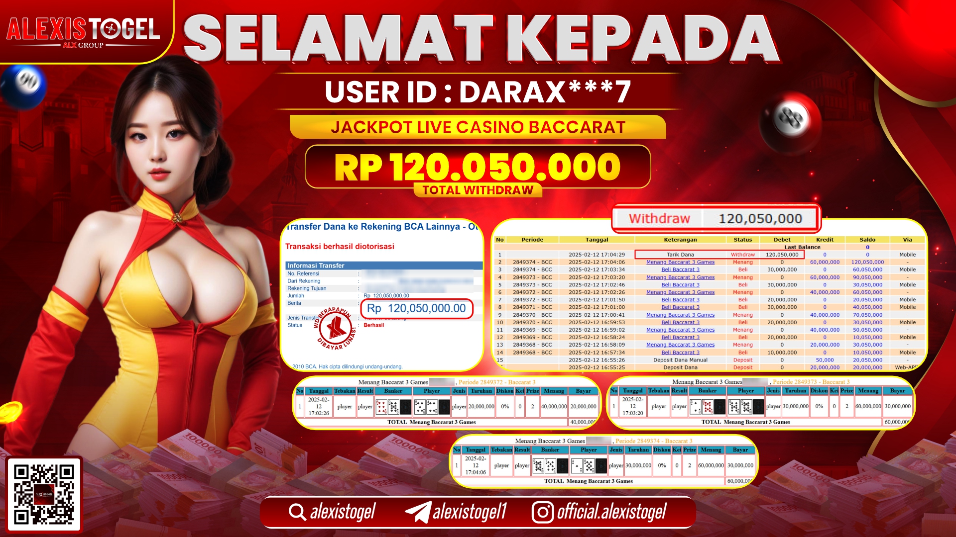 ALEXISTOGEL di CASINO BACCARAT RP.120.050.000 LUNAS