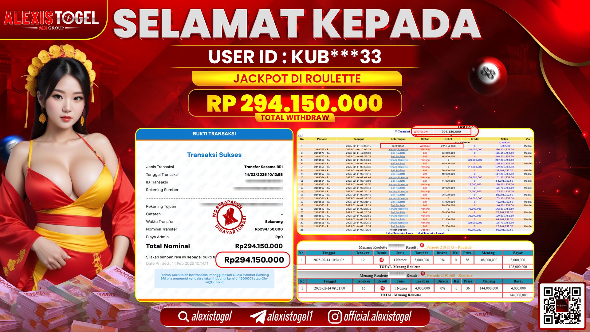 ALEXISTOGEL di CASINO ROULETTE RP.294.150.000 LUNAS