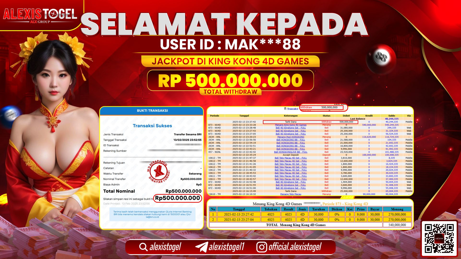 ALEXISTOGEL di KINGKONG 4D GAMES RP.500.000.000 LUNAS