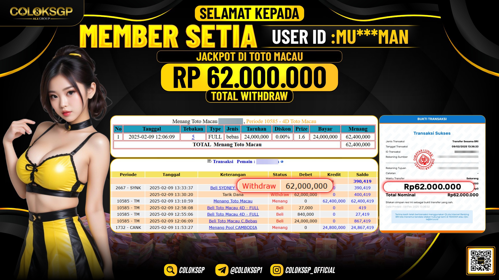 COLOKSGP JACKPOT TOTO MACAU POOLS RP 62.000.000 LUNAS